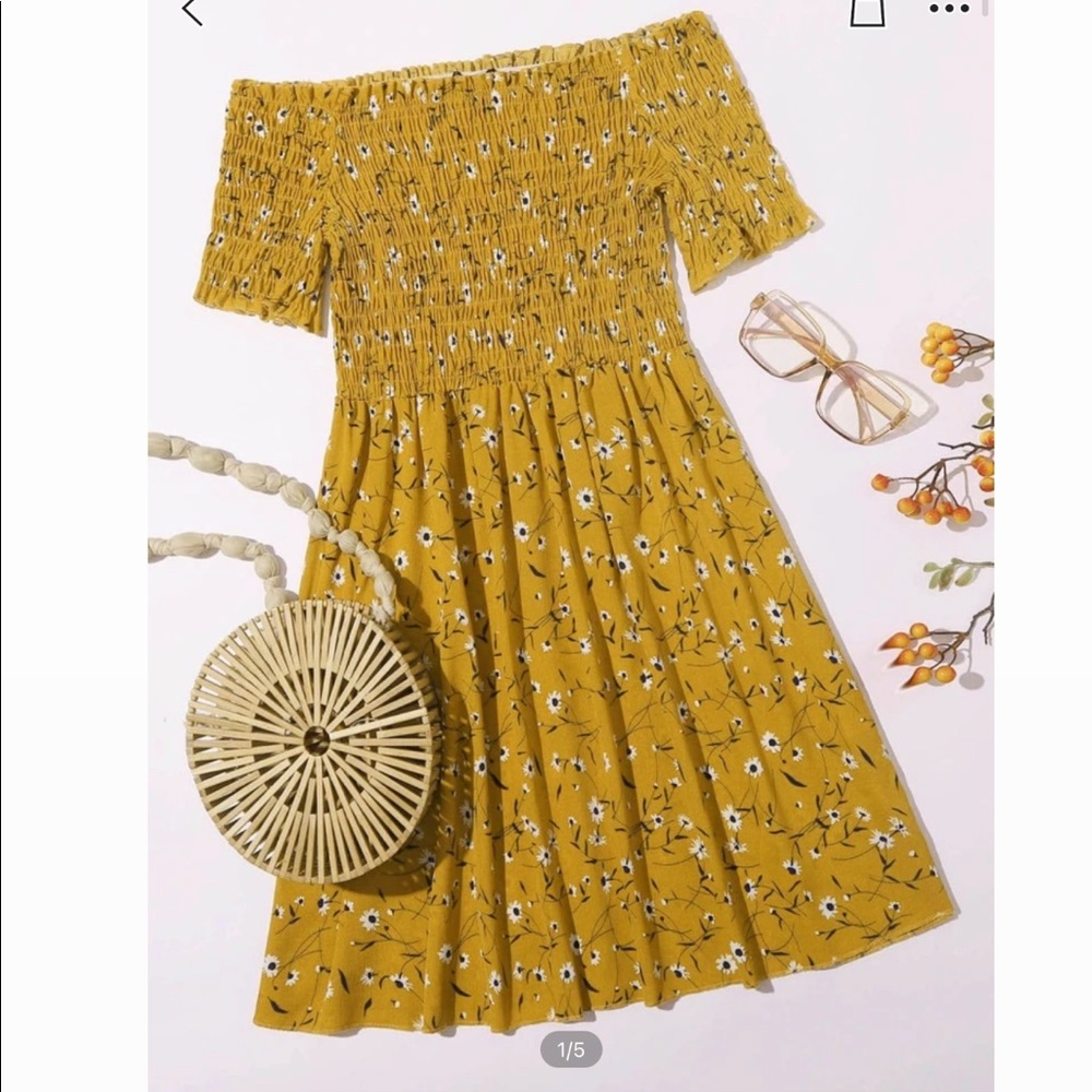 Yellow Frill Trim Shirred Ditsy Floral Dress